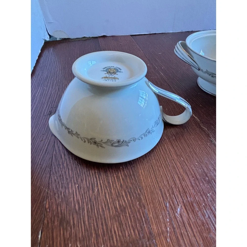 Noritake China Crestmont 6013 Creamer and Lidded Sugar Bowl Set Grey Floral Trim